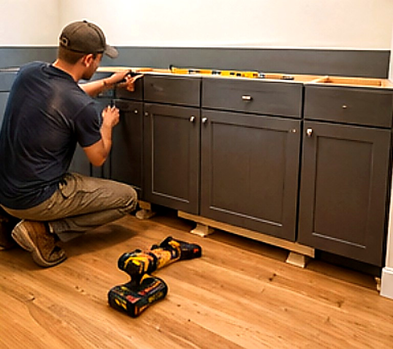 Carpenter installing dark base cabinets with shims, Connecticut carpentry project