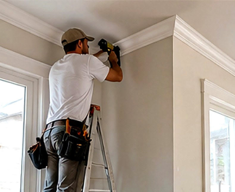 Carpenter installing crown molding with finish nailer, Connecticut carpentry project
