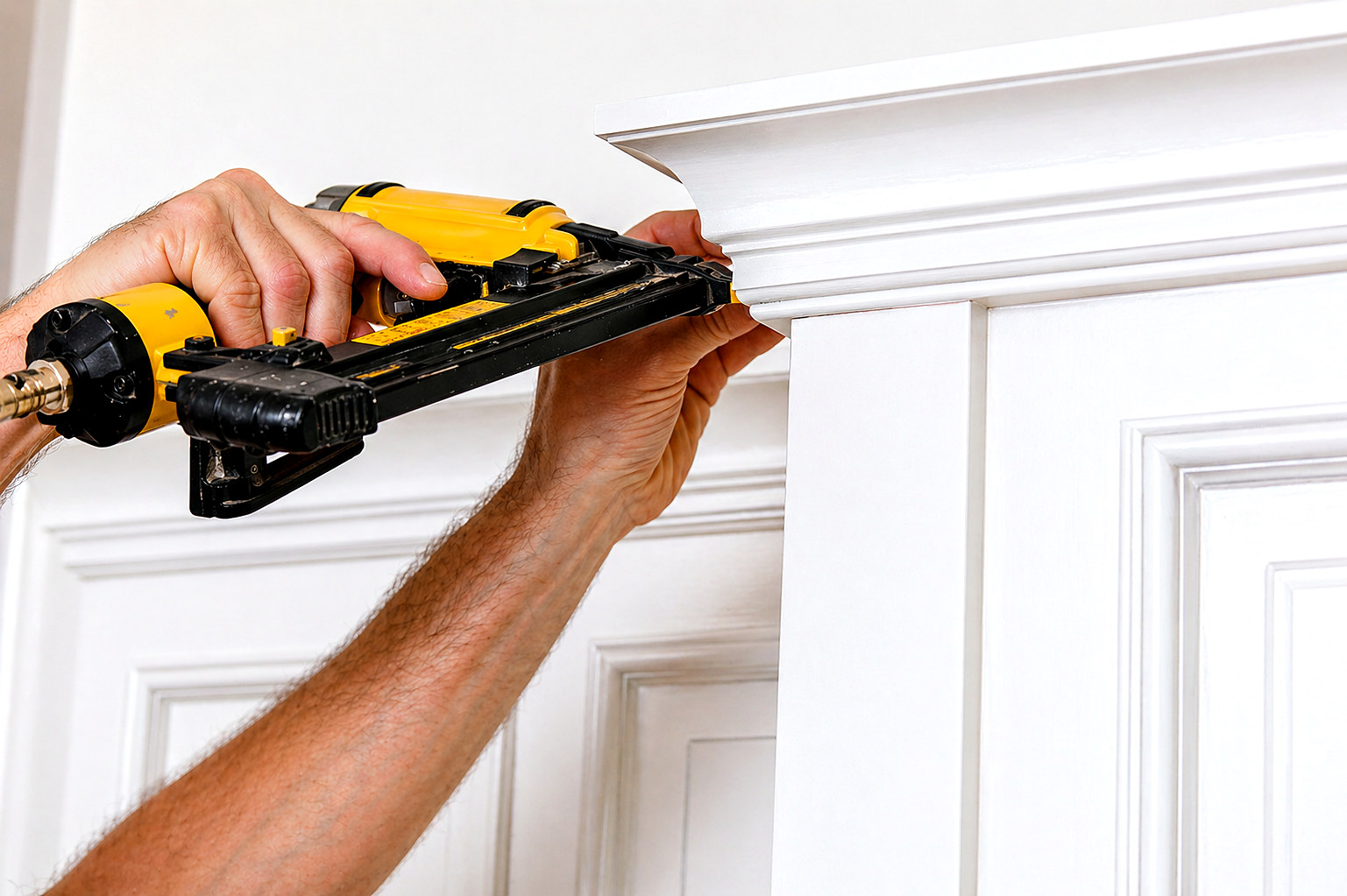 Close-up of finish nailer setting custom wood panel molding, Connecticut carpentry project