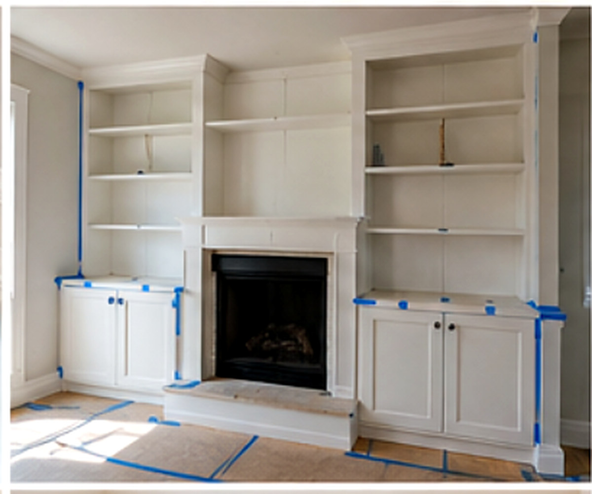 Custom fireplace surround with flanking built-in bookshelves prepped for paint, Connecticut carpentry project