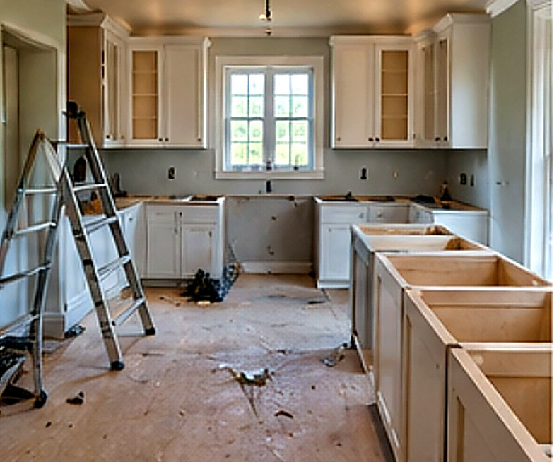Kitchen carpentry mid-build with custom white cabinet boxes and island in place, Connecticut carpentry project