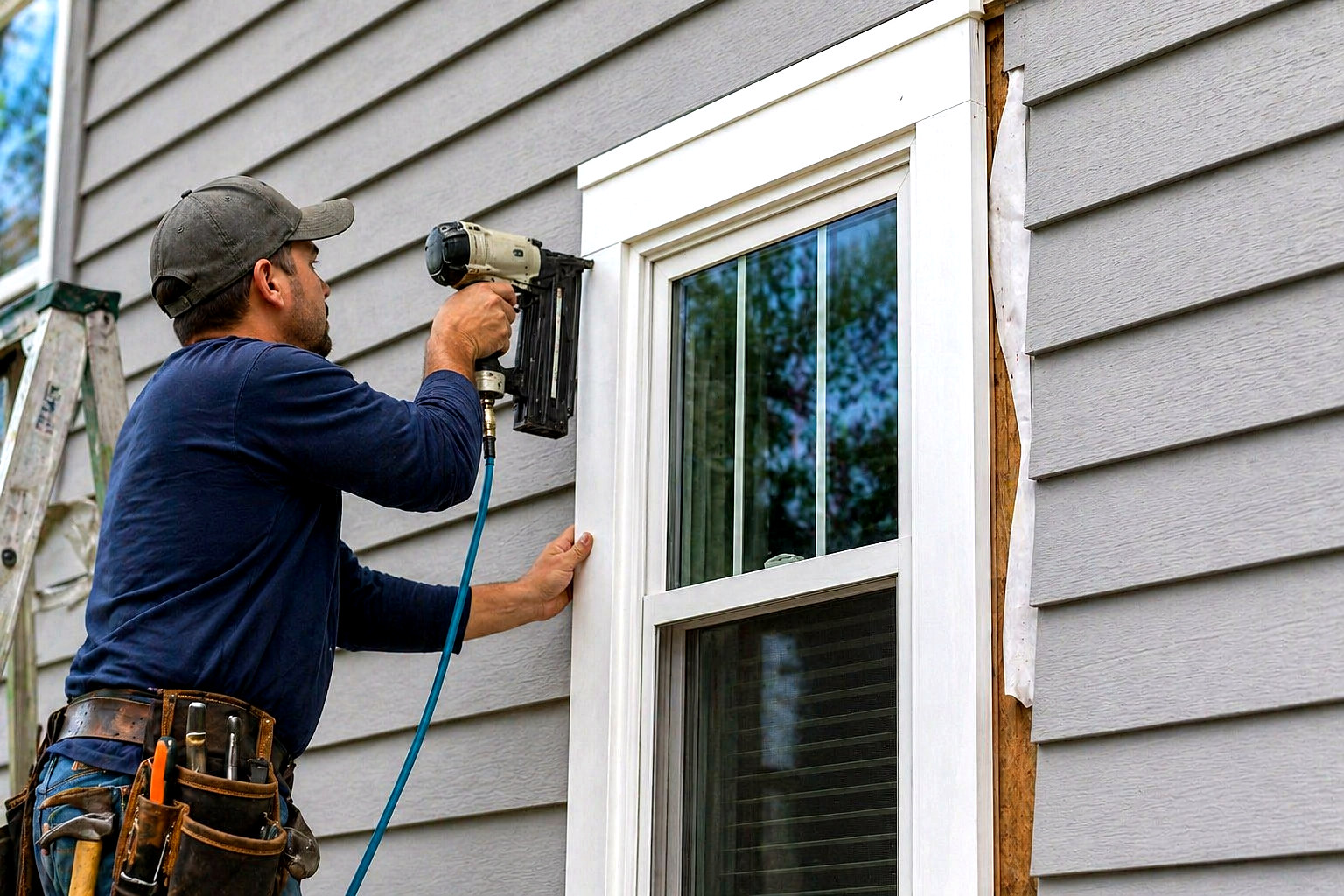 Carpenter installing exterior window trim with finish nailer, Connecticut carpentry project