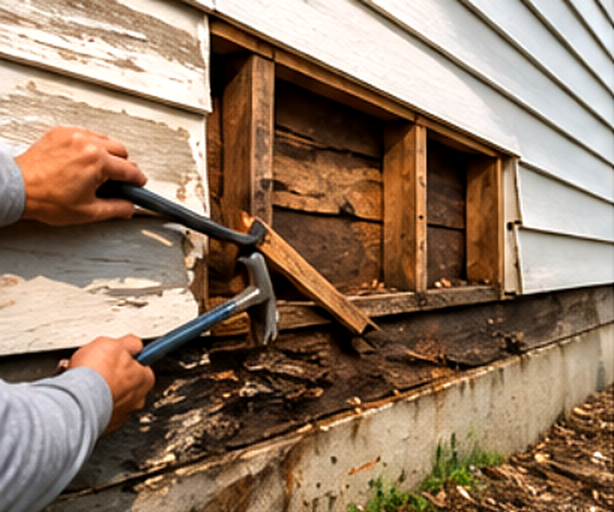 Carpenter removing rotted wood siding with hammer to expose framing for repair, Connecticut carpentry project