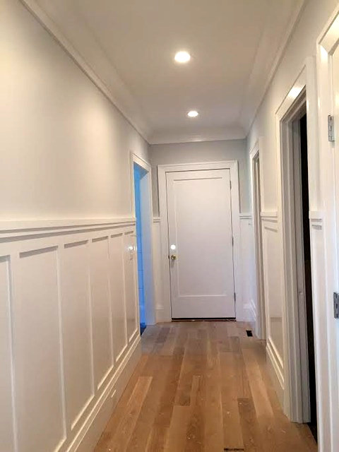 Hallway with custom board-and-batten wainscoting — Connecticut interior project